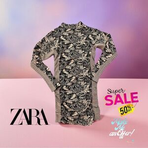 ♥️ Zara Black beige Patterned fitted ruched midi sweater Dress size medium large
